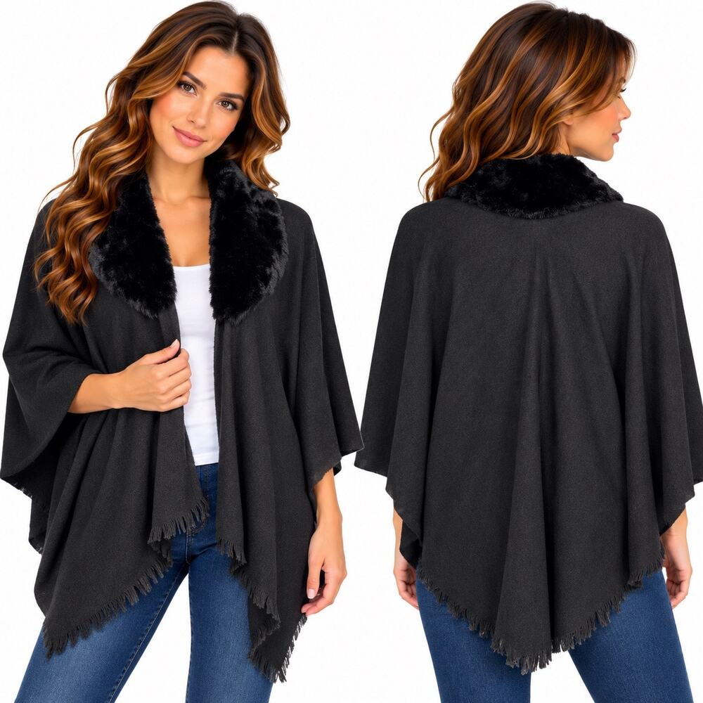 Liz Claiborne Womens Black Cape Poncho Faux Fur Collar Fringe Hem One Size